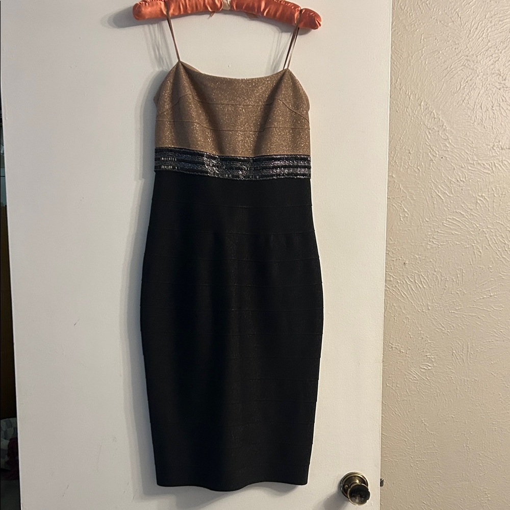 Carmen Marc Valvo Strapless Black and Gold Dress